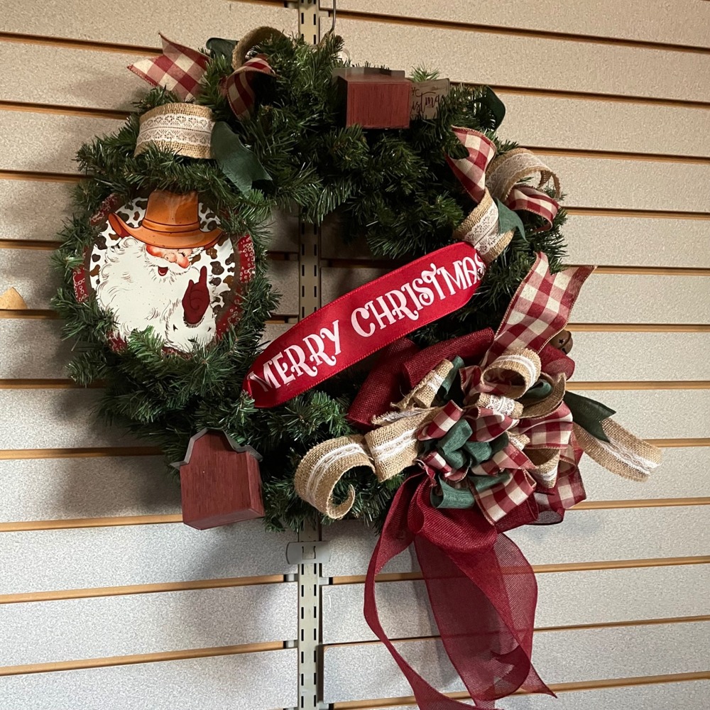 Christmas Wreath Cowboy Santa Western Holiday Door Decoration Handmade 14" base